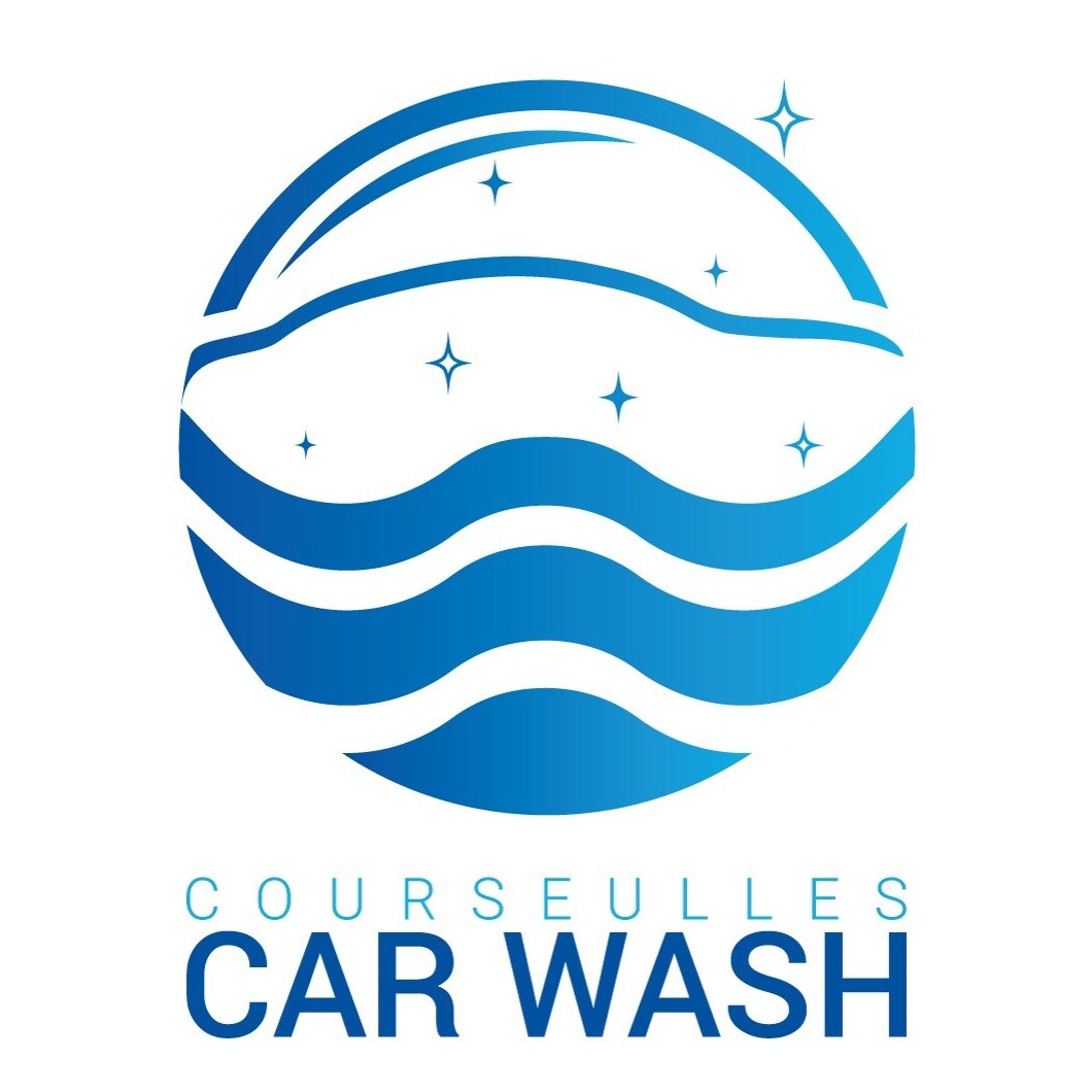 Logo rond bleu avec dessin d'une voiture en cours de lavage